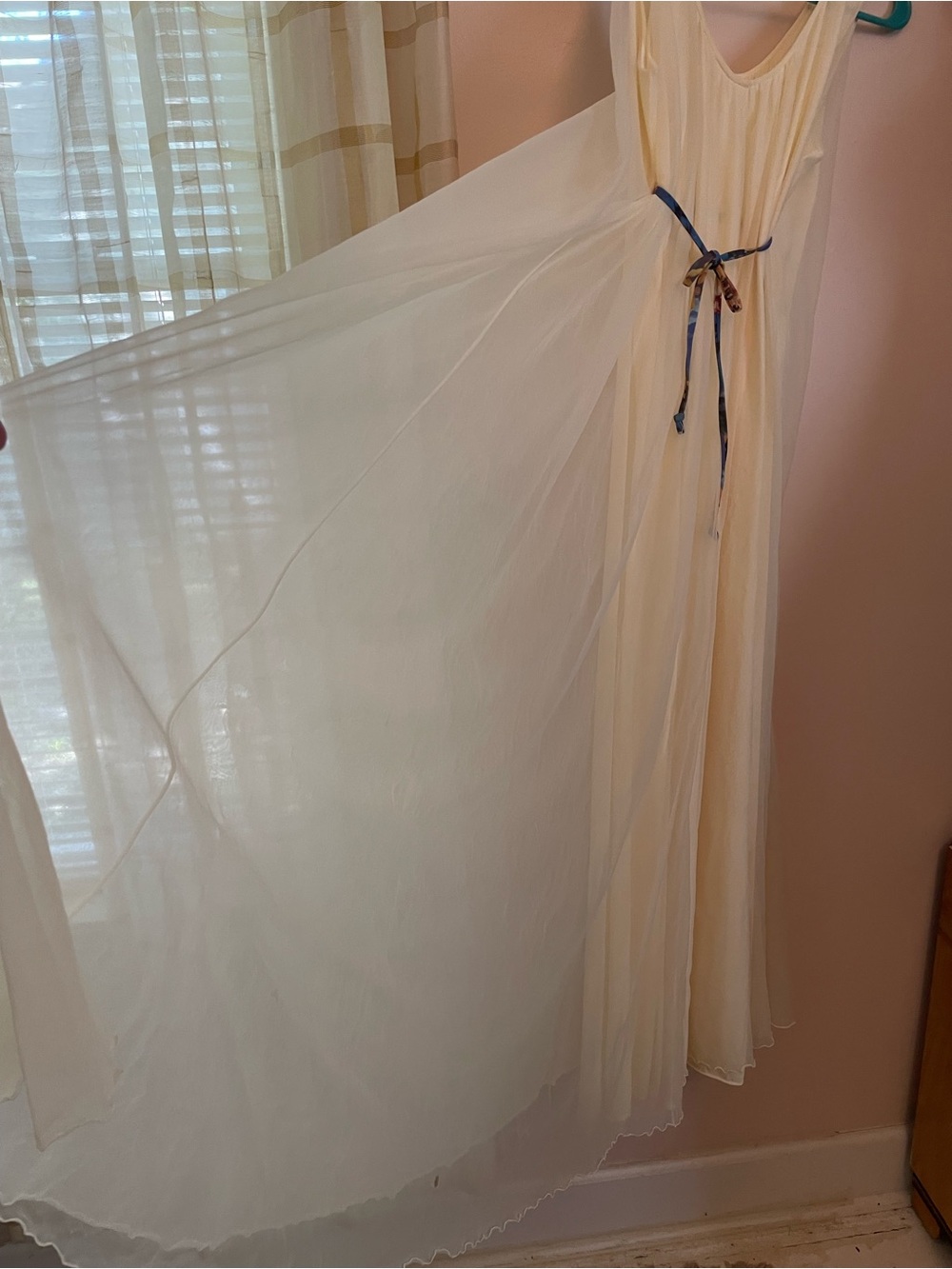 1970s Intime California Sheer Cream Double Layer Long Chemise with Contrast Tie